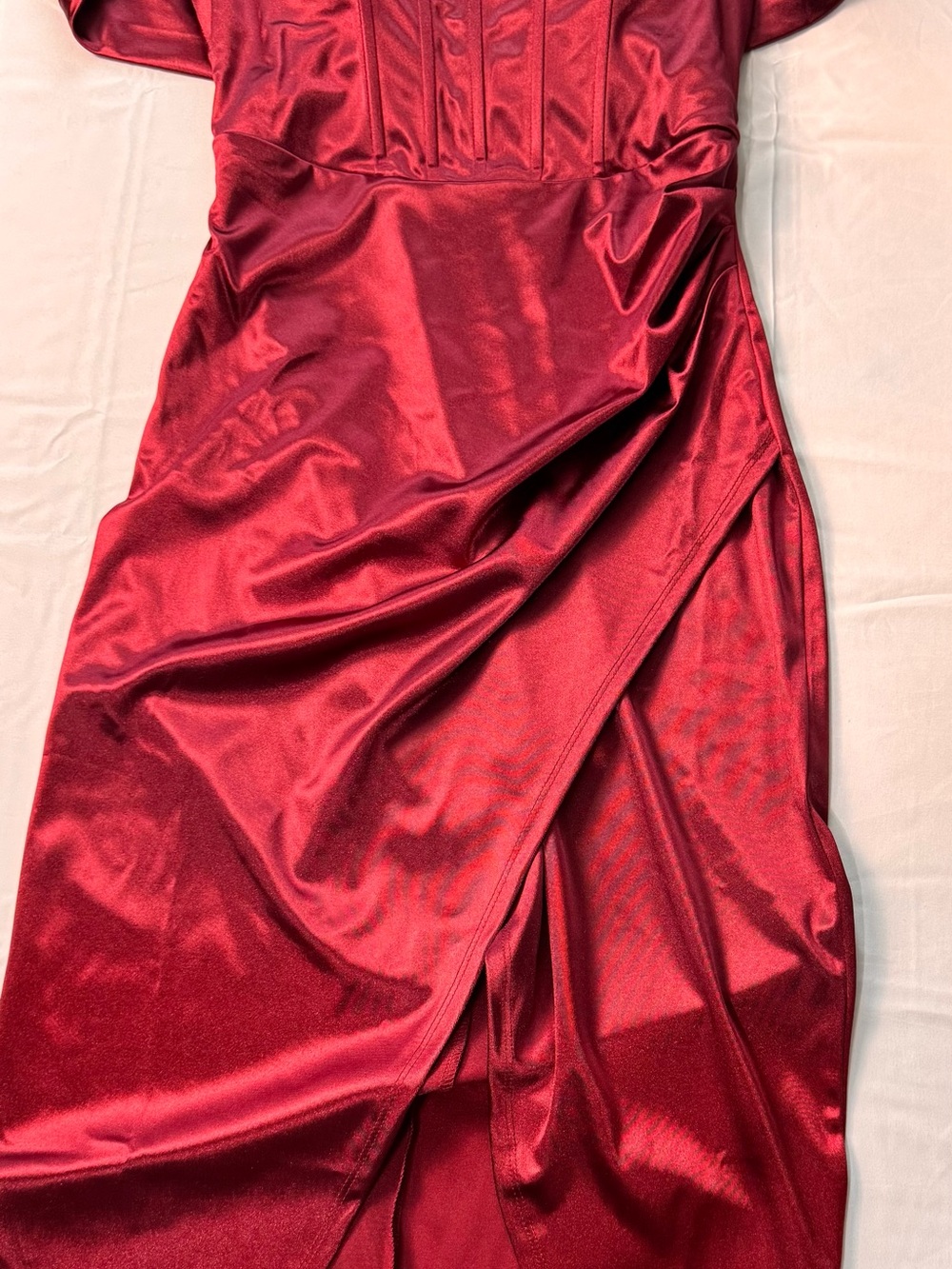 Fashion Nova Red Satin Midi Dress with Draped Front